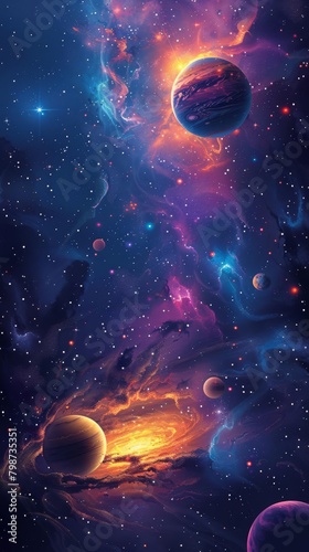 Spacethemed background featuring planets, comets, and constellations in deep blues and purples