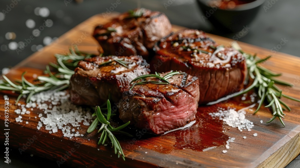 Beef fillet seasoned with salt and rosemary on a cutting board Beef fillet seasoned with salt and rosemary on a cutting board