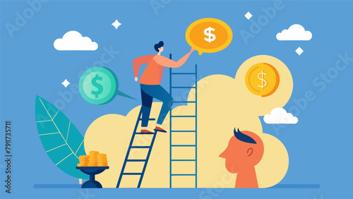 A person climbing a ladder with each rung representing a different aspect of a transformed money mindset such as Saving Investing and Abundance photo