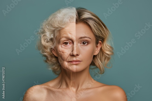 Woman-led exercise depictions in skincare science highlight aging faces rejuvenated by face lifts, focusing life and skincare solutions on the realities of skin aging management.