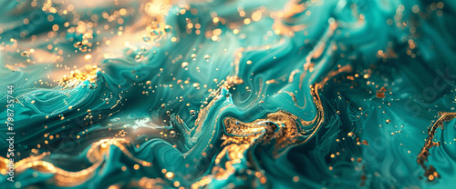 Turquoise and gold merge seamlessly, creating a breathtaking symphony of liquid colors that evoke a sense of serene wonder in HD brilliance. photo