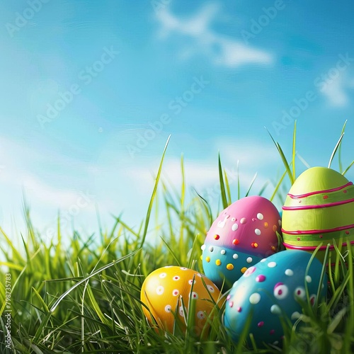 A bunch of colorful Easter eggs are sitting on a green field