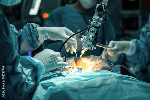 A futuristic medical setting where a surgeon is performing a bionic surgery with special equipment.