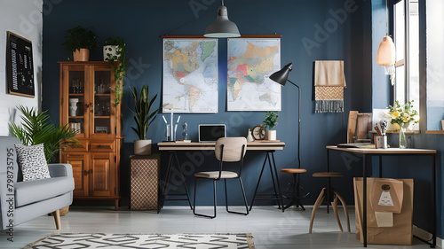 Stylish interior design with retro wooden cabinet, chair, gray sofa, plants, pendant lamp, decoratnion, maps, stool and elegant personal accessories. Modern retro concept of home office space.  photo