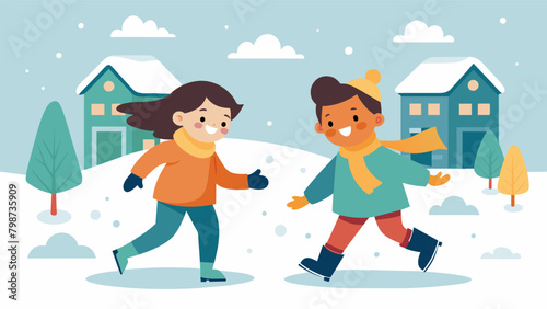 Two siblings giggling and chatting as they walk hand in hand through their neighborhood playfully kicking snow at each other as they go.. Vector illustration