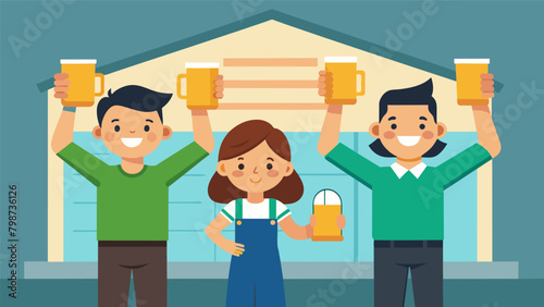 A trio of siblings gather in their parents garage proudly holding up their first successful batch of beer as their parents look on with pride..