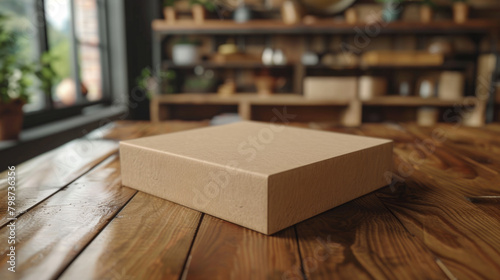A mockup of blank packaging on a wooden table for branding and design testing in graphic design projects.