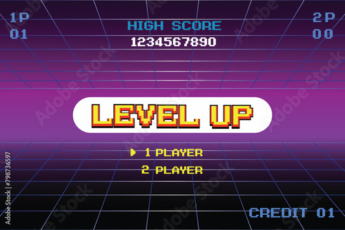 LEVEL UP. Synthwave wireframe net illustration. pixel art .8 bit game. retro game. for game assets .Retro Futurism Sci-Fi Background. glowing neon grid. and stars.