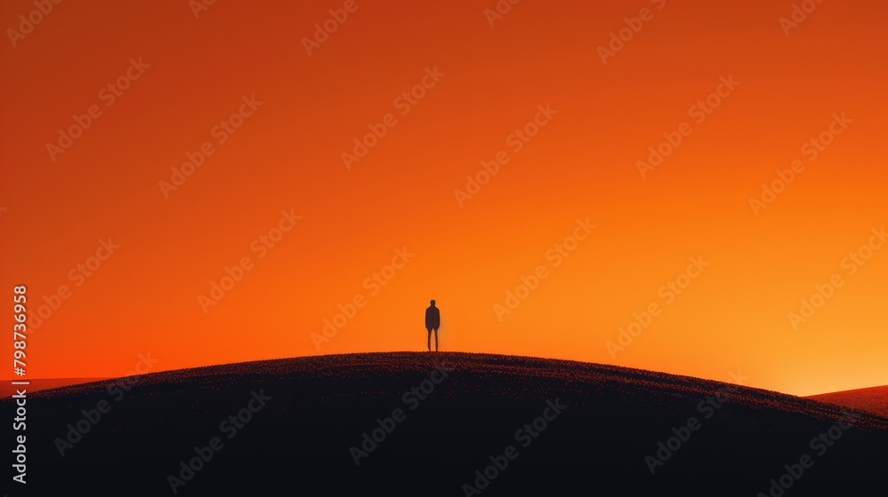 Silhouette of man on hill at sunset, with vibrant orange sky backdrop in minimalistic style