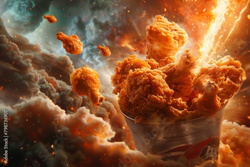 A bucket of fried chicken blasting off into space, on a mission to become the official food of the galaxy, super detailed photo