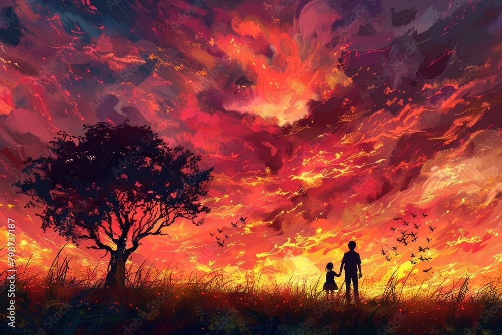 Fototapeta premium Family silhouette immersed in sunset hues, embracing a serene, affectionate ambiance