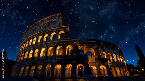Starry Night at the Colosseum: Rome's Eternal Monument. The Roman Colosseum stands in majestic solitude under a star-studded sky, its ancient arches illuminated against the night.