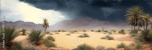 Beautiful desert landscape with cloudy sky  real life heavenly scene  photorealistic view with sandy track  middle of the desert before rain. Generative Ai.