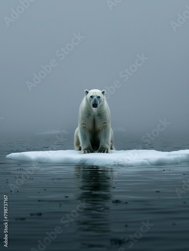 A lone polar bear stranded on a melting ice floe  surrounded by a vast expanse of open water  high resolution DSLR