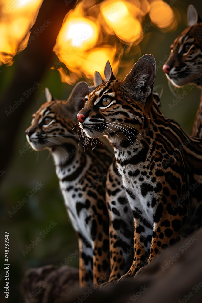 Obraz premium Ocelot family in the savanna with setting sun shining. Group of wild animals in nature.