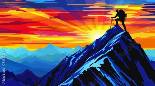 Silhouette of a mountain climber reaching the peak, dramatic sunrise background, symbolizing achievement and adventure