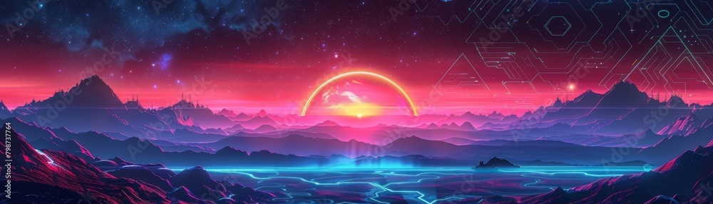 Retro 80s style neon grid landscape with a starry sky and a minimalist chrome silhouette, suitable for a nostalgic background