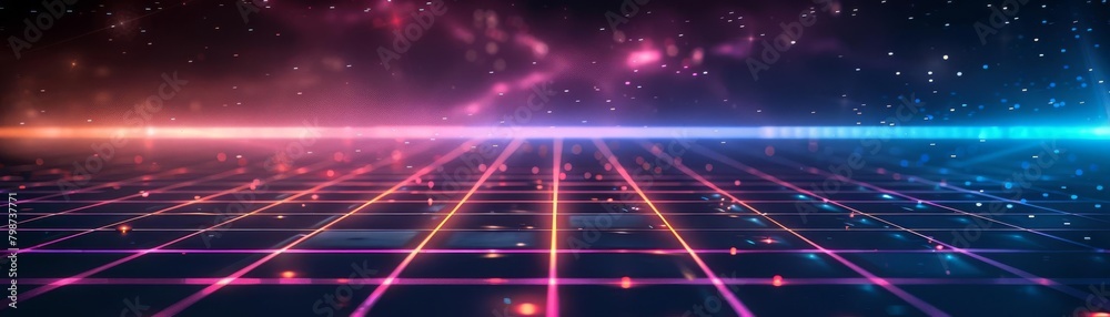 Retro 80s style neon grid background with glowing purple and blue lines on a dark backdrop Retro 80s style neon grid background with glowing purple and blue lines on a dark backdrop