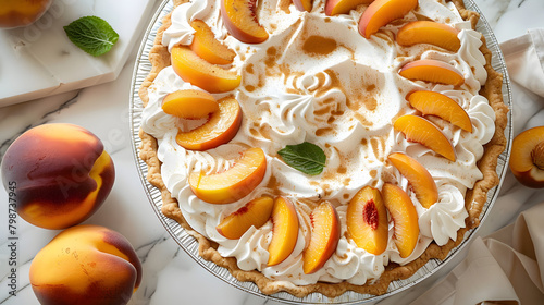 A photo of a close-up pie with whipped cream and peaches on a white marble table