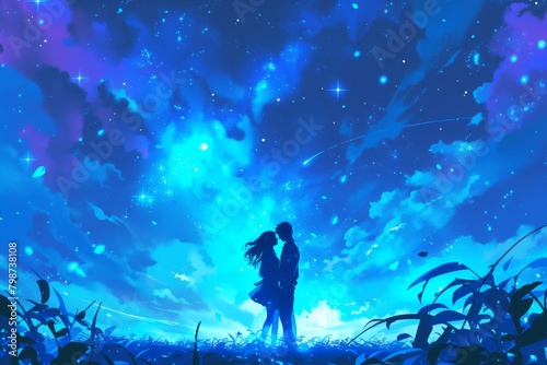 Romantic Anime Couple Stargazing: Watching the Night Sky Together, Anime Digital Art illustration for background wallpaper