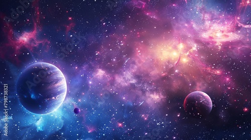 Outer space view with planets  stars  and galaxies in deep blues and purples  ideal for cosmicthemed illustrations