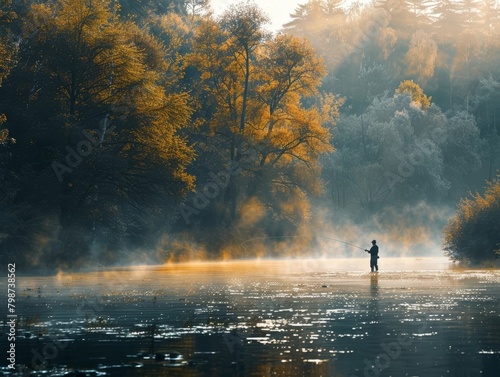 Lone Fisherman Casting a Line Amidst the Tranquil Forest Landscape