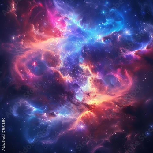 Outer space view showing a vibrant nebula with swirling colors of pink, blue, and purple, stars sparkling in the distant background