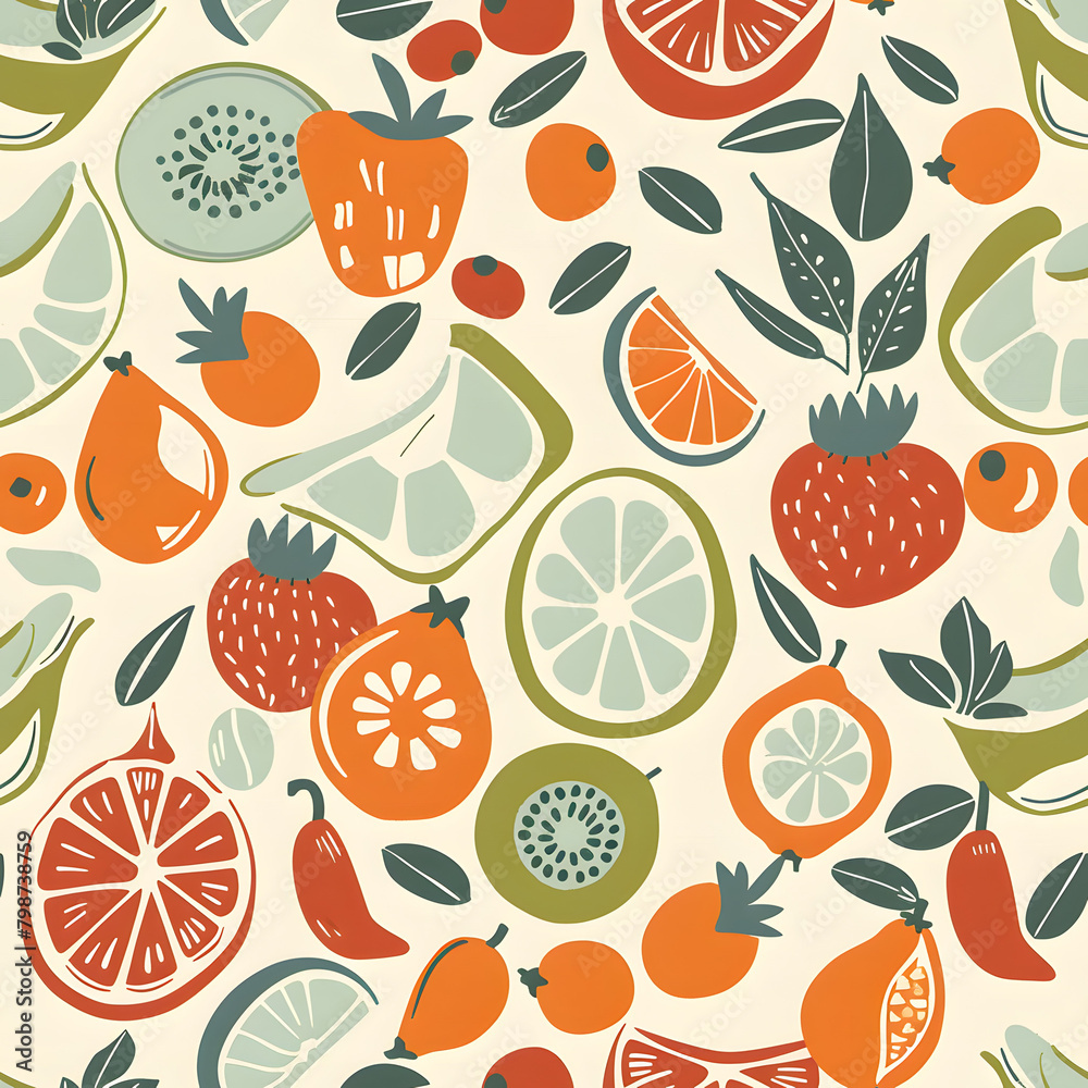 A colorful fruit and vegetable seamless pattern with a playful and whimsical feel. , design for use in fabric,wrapping paper,packaging,wallpaper,textile,cover A colorful fruit and vegetable seamless pattern with a playful and whimsical feel. , design for use in fabric,wrapping paper,packaging,wallpaper,textile,cover