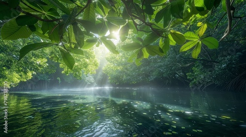 Lush Green Canopy Filtering Sunlight onto a Serene River Flowing Below