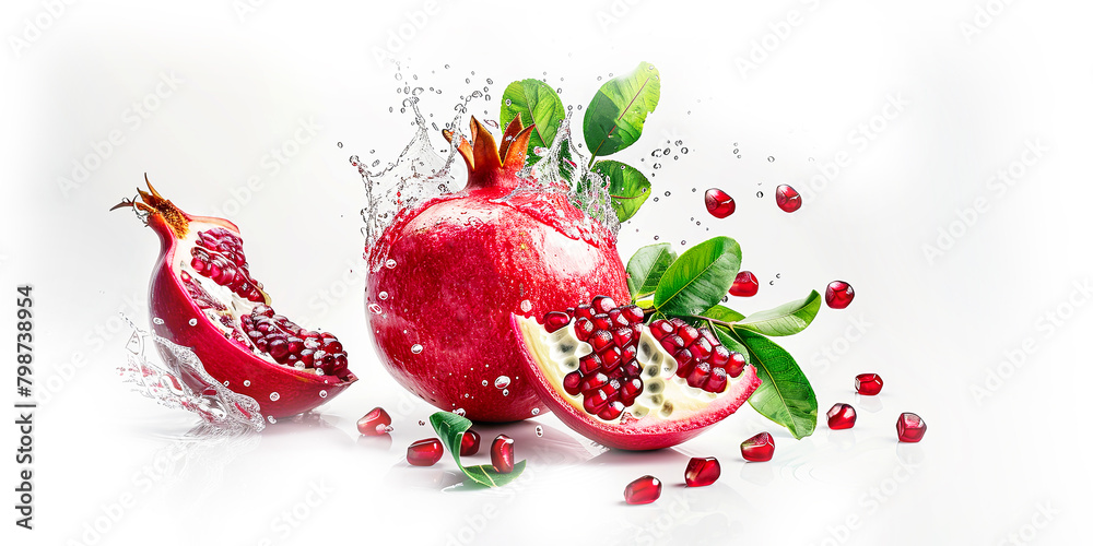 Pomegranate with water drops and leaves isolated on a white background. Red sweet fruit. Panorama Pomegranate with water drops and leaves isolated on a white background. Red sweet fruit. Panorama