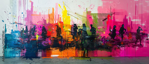 Abstract mural with distorted figures and neon splashes on a downtown loft wall brings vibrant and dynamic street art into an urban setting.