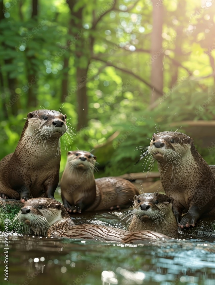 Playful Family of Otters Frolicking in the Tranquil Shallows of a Forest River Playful Family of Otters Frolicking in the Tranquil Shallows of a Forest River