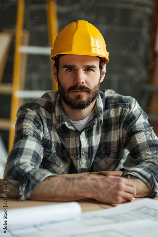 Serious architect with blueprint Serious architect with blueprint