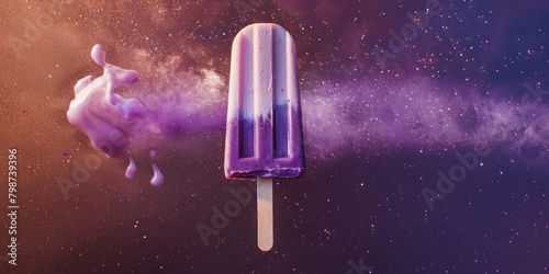 Purple ice cream on a stick floating in space with stars and planets and space dust.