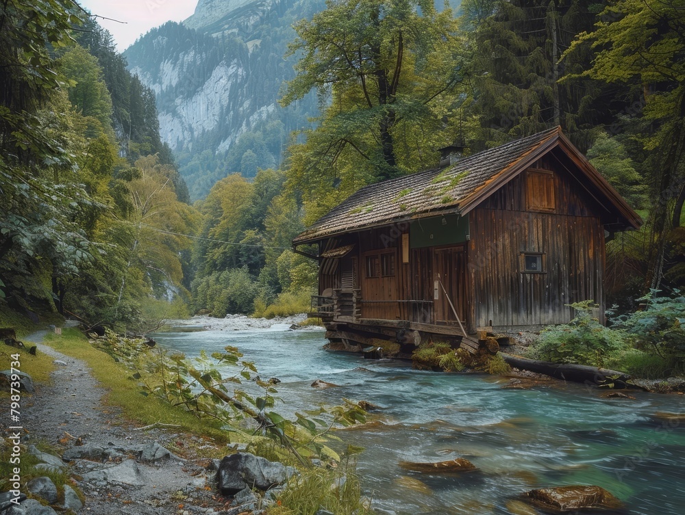 Rustic Wooden Cabin Nestled Beside Tranquil Forest River in Scenic Mountain Landscape