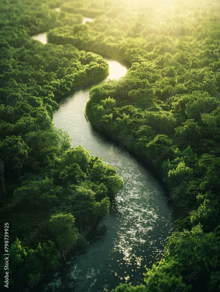 Serene River Winding Through Lush Green Forest with Dappled Sunlight on the Water's Surface