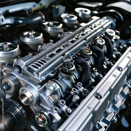 The image shows the engine of a car. The engine is made of metal and has many parts. The engine is used to power the car.