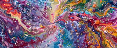 Swirling glitters sparkle amidst a canvas painted with a kaleidoscope of vivid colors.