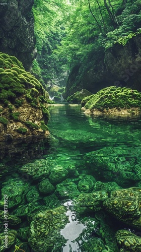 Serene Hidden Swimming Hole Amongst Verdant Moss-Covered Rocks and Lush Foliage