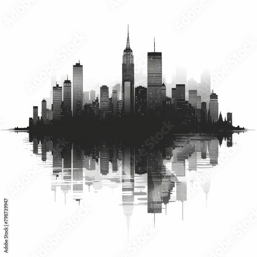 Minimalist black and white illustration of a city skyline with reflection in water, for a modern desktop wallpaper