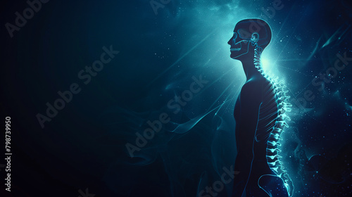 Health concept. Luminescent Human Spine Visualization with Digital representation of a human from behind with a glowing spine and joints, set against a dark, dynamic background.