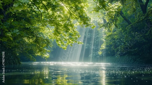 Sunlight Filtering Through Lush Green Canopy onto Serene River Below