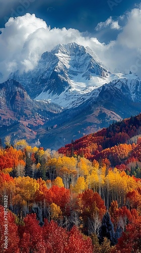 Majestic mountain range during autumn, with peaks dusted in snow and forests ablaze with red and orange foliage