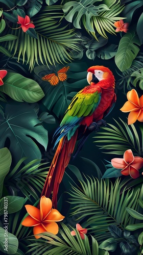Lush tropical jungle scene with vibrant foliage and hidden exotic birds for a dynamic wallpaper design © Phawika