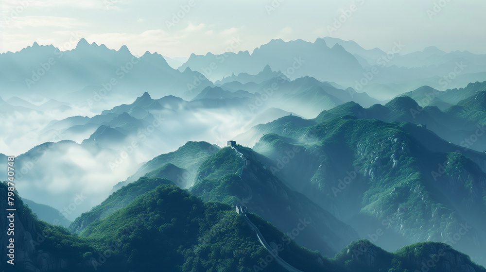 Travel destination. The iconic Great Wall meanders through a series of mountain ridges, shrouded in a soft, misty light at dawn, evoking a sense of historical grandeur and natural beauty.