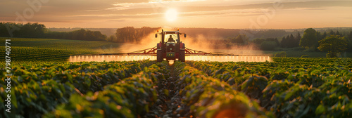 Tractor spraying pesticides and fertilizer on soybean crops farm field in spring evening, smart farming technology and sustainable advanced agriculture practices photo