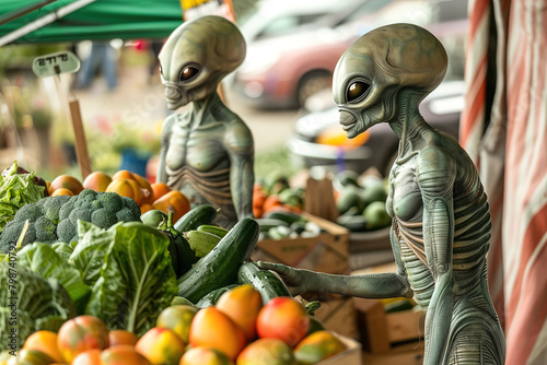 Unveiling the extraordinary in the ordinary, an alien couple engages in a friendly chat while browsing fresh produce at a local farmers' market.