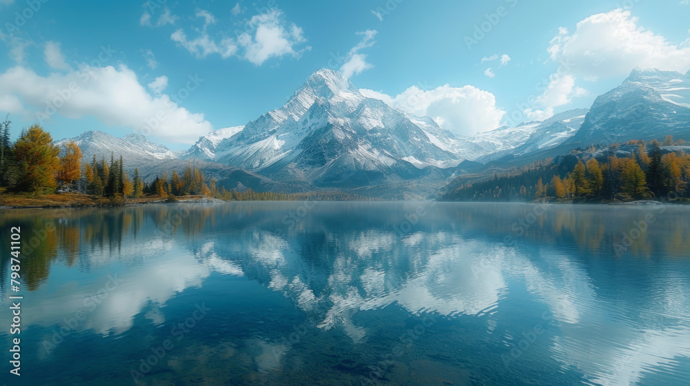 Serene landscape of snow-capped mountain reflected in crystal-clear lake amidst untouched wilderness