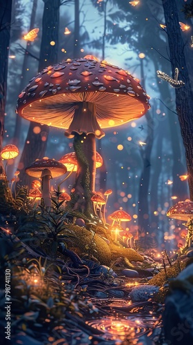 Illustration of a whimsical forest with oversized mushrooms and glowing fireflies at twilight © Phawika