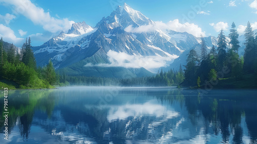 A serene landscape of a snow-capped mountain peak mirroring in the pristine waters of a crystal-clear lake, capturing the essence of untouched wilderness.